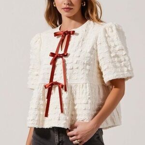 Modenaire White Textured Puff-Sleeve Peplum Blouse With Bow-Tie Front Size Small